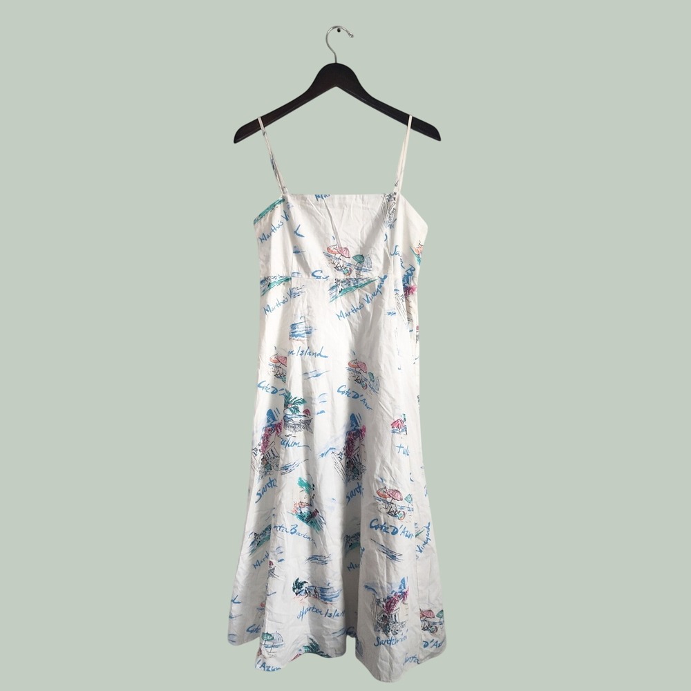 New Gap Dress Medium Fit & Flare Midi Vacationland White Spaghetti Strap Cotton - Picture 4 of 12